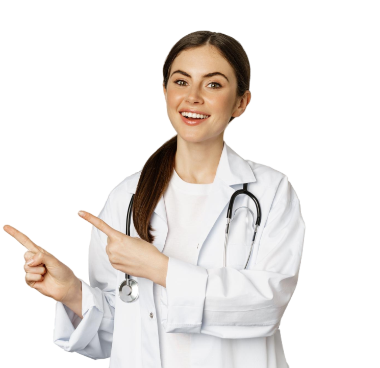 portrait-smiling-young-woman-doctor-healthcare-medical-worker-pointing-fingers-left-showing-clini